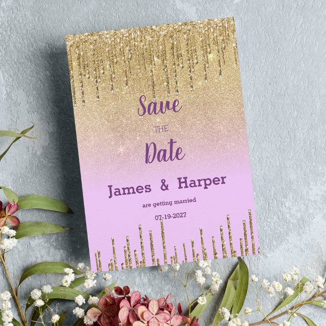 Lavendel Glitzer ombre Tropfen Save the Date Einladung (Lavender gold glitter ombre drip glam Save the Date)
