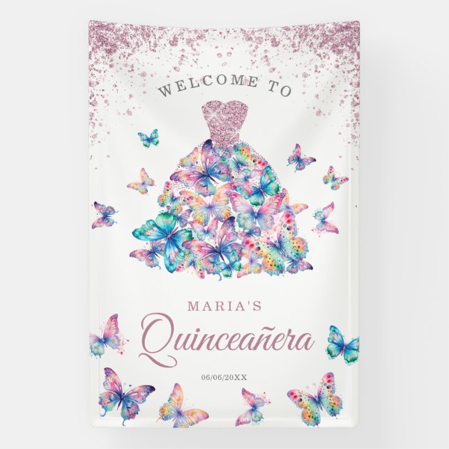 Lavendel Glitzer Pink Butterfly Gown Quinceañera Banner (Vertikal)