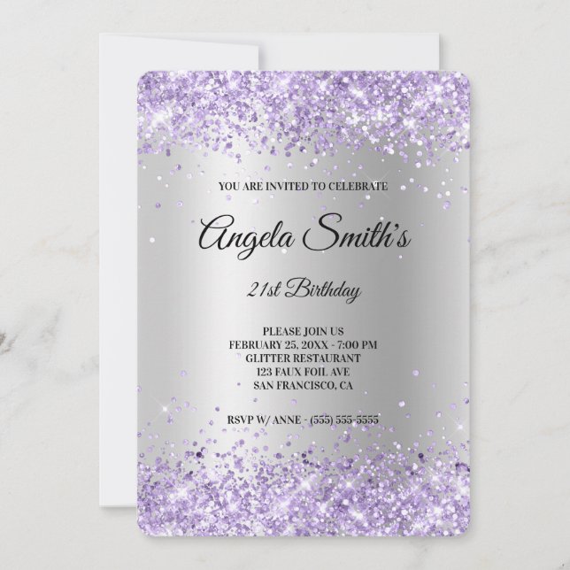 Lavendel Glitzer Silver Satin Foil 21. Geburtstag Einladung (Vorderseite)