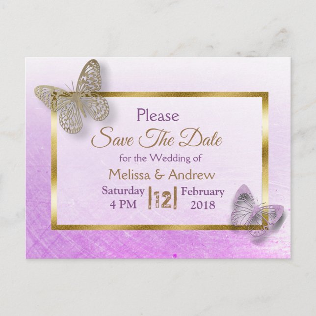 Lavendel & Gold Butterfly Save the Date Postkarten (Vorderseite)