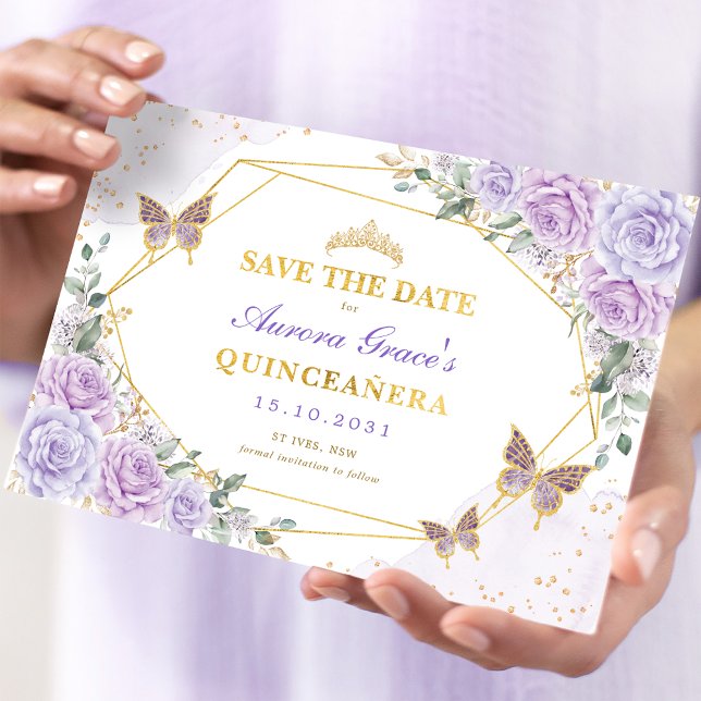 Lavendel Gold Rose Quinceanera Save the Date Ankündigung (Von Creator hochgeladen)