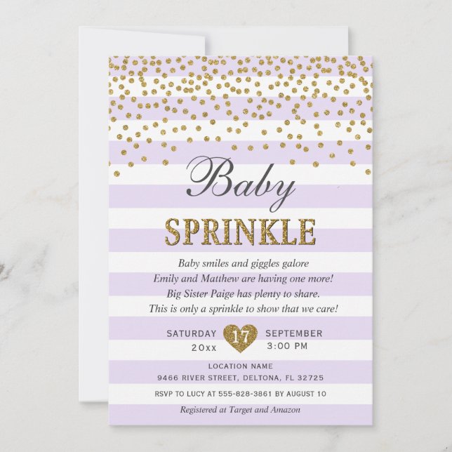 Lavendel Gold Stripe Confetti Baby Girl Sprinkle Einladung (Vorderseite)