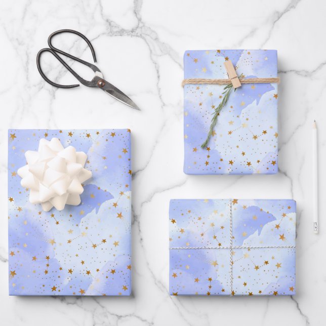 Lavendel Golden Star Geschenkpapier Set (Vorderseite)