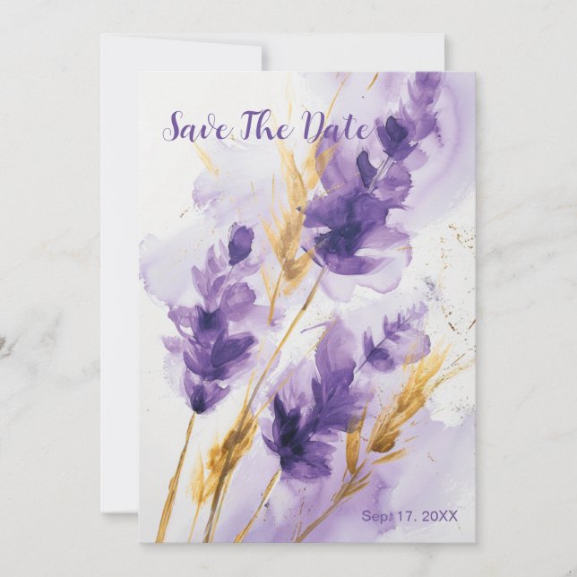 Lavendel Golden Watercolor Floral Save the Date Einladung (Vorderseite)