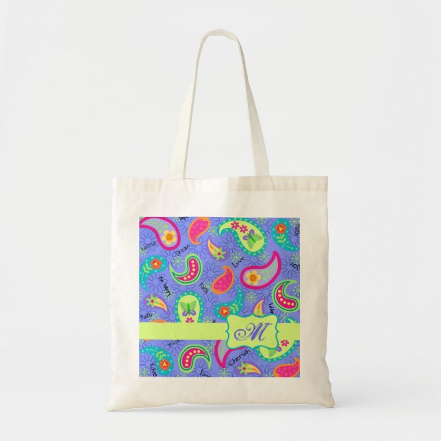 Lavendel Green Modern Paisley Pattern Monogram Tragetasche (Vorne)