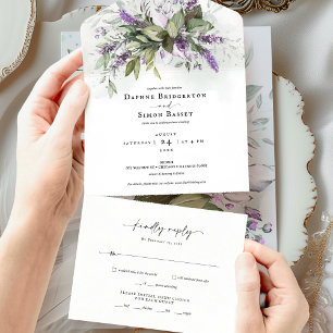 Lavendel-Grün-Script Alles-in-einem-Hochzeits-Einl All In One Einladung