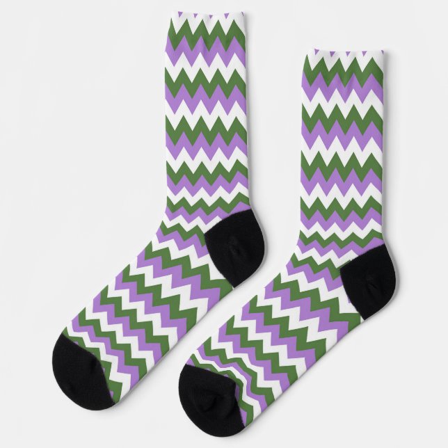 Lavendel, Grün und Weiß Zickzack Zigzag Socken (Linkes Detail)