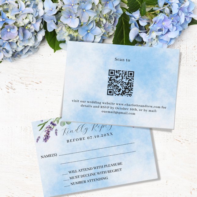 Lavendel grüne blaue QR Hochzeit RSVP Reaktion Karte (Von Creator hochgeladen)