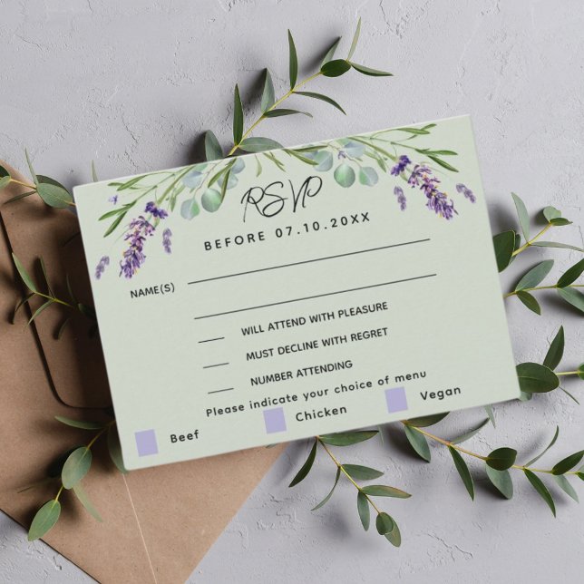 Lavendel grüne Hochzeitsmenü Antwort RSVP Karte (Von Creator hochgeladen)