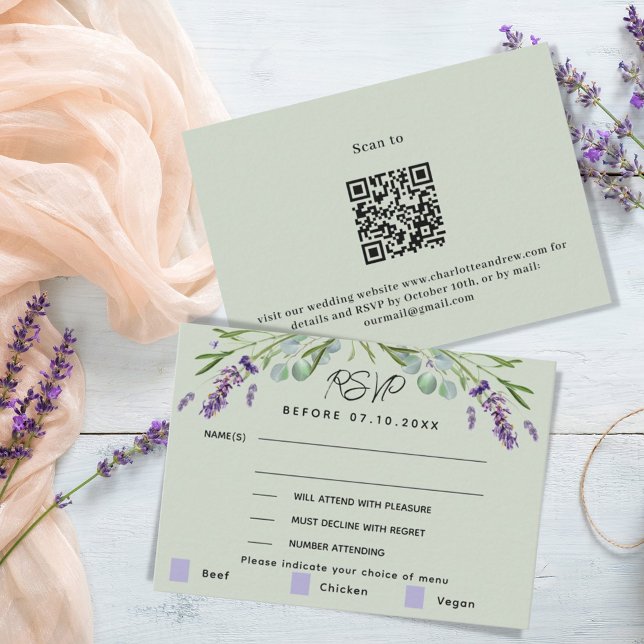 Lavendel grünes Hochzeitsmenü QR Response UAWG Mitteilungskarte (Von Creator hochgeladen)