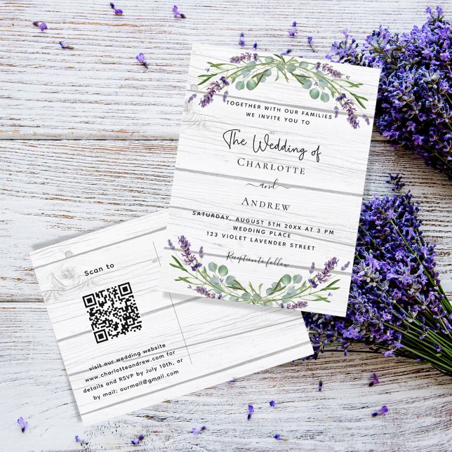 Lavendel Grünholz QR Code Hochzeit Einladungspostkarte (Von Creator hochgeladen)