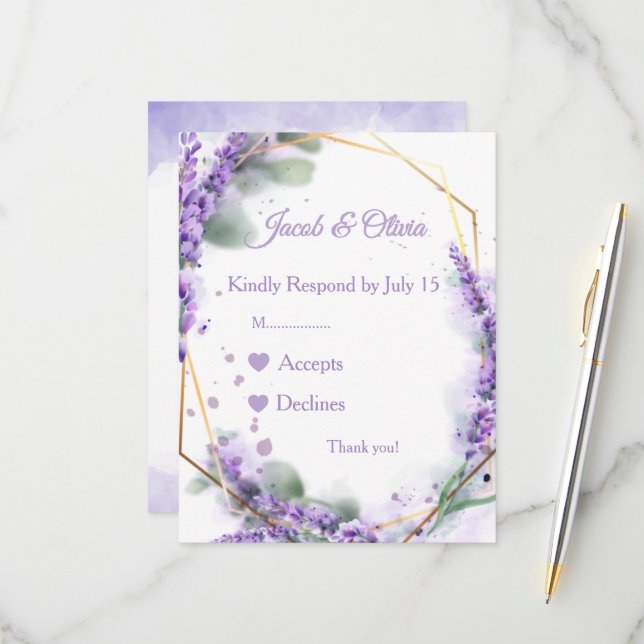 Lavendel-Hochzeitskarten RSVP Karte (Vorderseite/Rückseite Beispiel)