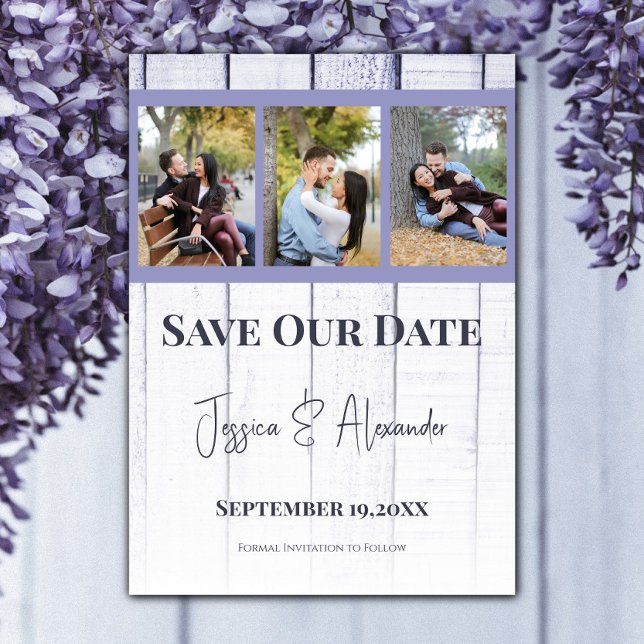 Lavendel-HolzfotoCollage Save the Date (Lavender Wooden Photo Collage Save the Date)
