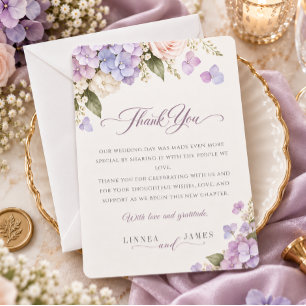 Lavendel-Hortensien-Rosa-Rosen-Elegante Hochzeit Dankeskarte