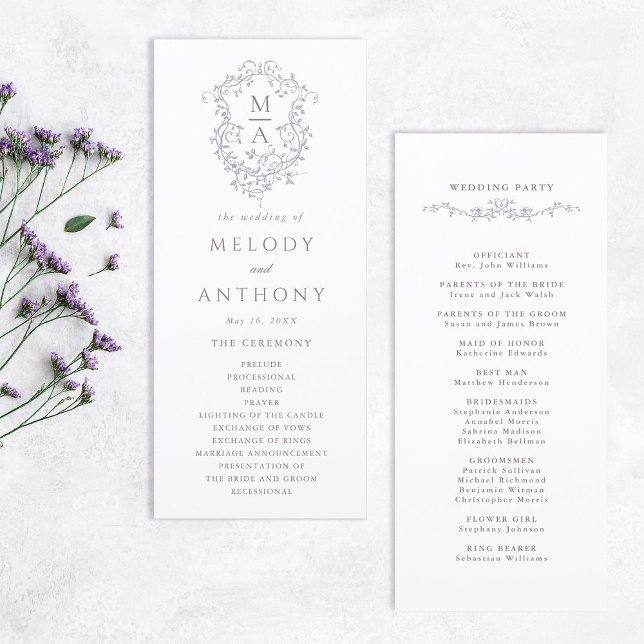 Lavendel Klassischer Floraler Wappen Hochzeitszere Programm (Front & Back)