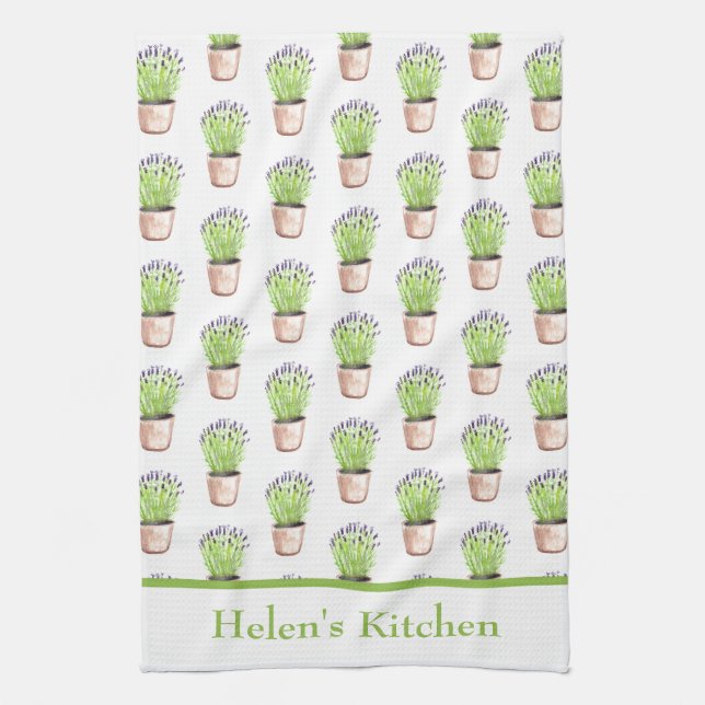 Lavendel Kräutertopf Pflanze Wasserfarbe Rustikal Geschirrtuch (Vertikal)