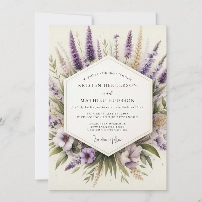 Lavendel-Künstlerische Wildblumenhochzeit Einladung (Vorderseite)