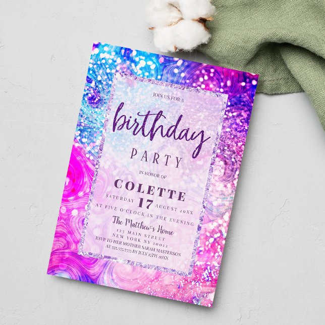 Lavendel lila aquamariner Marmor Glitzer Geburtsta Einladung (Lavender purple teal marble glitter Birthday Party Invitation )