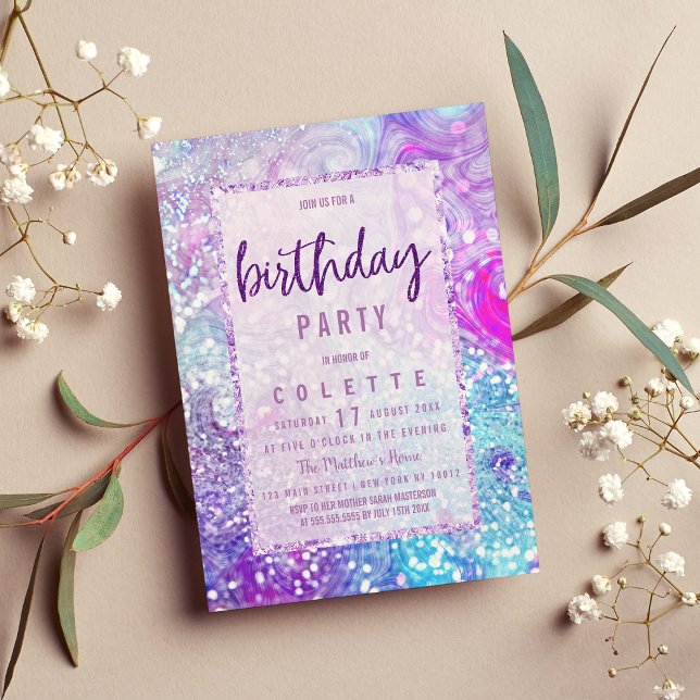 Lavendel lila aquamariner Marmor Glitzer Geburtsta Einladung (Lavender purple teal marble glitter Birthday Party Invitation )