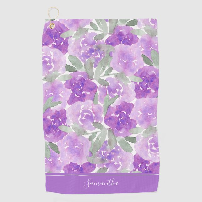 Lavendel Lila Aquarellblume Personalisiert Golfhandtuch (Vorderseite)