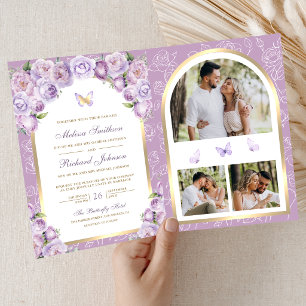Lavendel-Lila-Blumen-Gold-Bogen-Schmetterling-Hoch Einladung