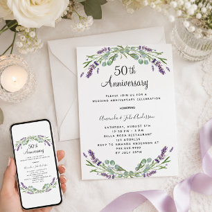 Lavendel lila Blumen zum 50. Hochzeitstag Einladung