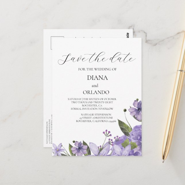 Lavendel lila Blumenblätter Save the Date Postkarte (Vorderseite/Rückseite Beispiel)
