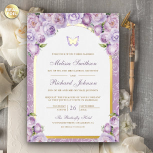 Lavendel Lila Blumenbogen Schmetterling Hochzeit G Folieneinladung