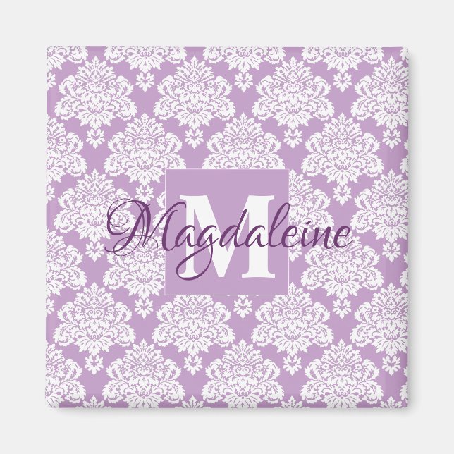 Lavendel Lila Damask Monogram mit Name Magnet (Vorne)
