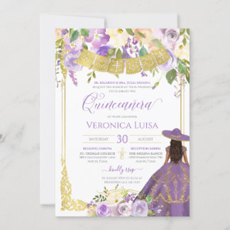 Lavendel Lila Floral & Gold Charro Quinceanera Einladung