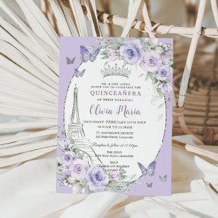 Lavendel Lila Floral Paris Butterfly Quinceañera Einladung