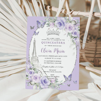 Lavendel Lila Floral Paris Butterfly Quinceañera Einladung