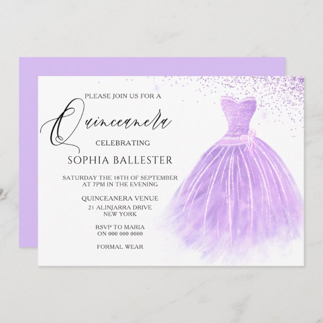 Lavendel Lila Glitzer Gown Quinceanera Party Einladung (Vorne/Hinten)