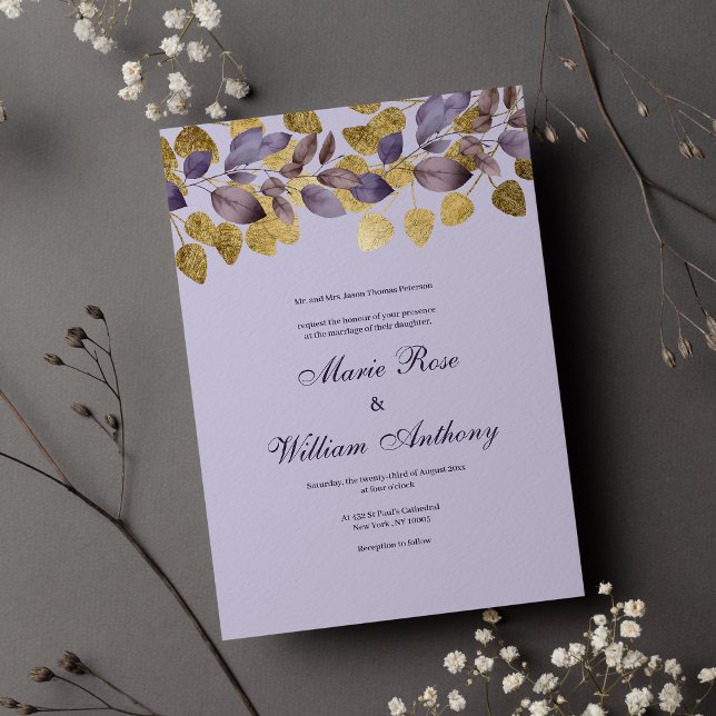 Lavendel-lila Goldblätterblütenhochzeit Einladung (Lavender purple brown gold foliage floral Wedding Invitation)
