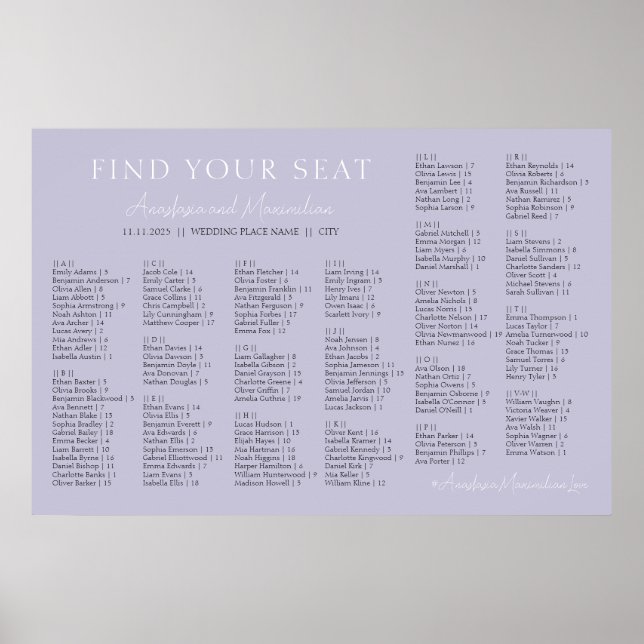 Lavendel-Lila-Hochzeits-Alphabetischer-Sitzplan Poster (Vorne)