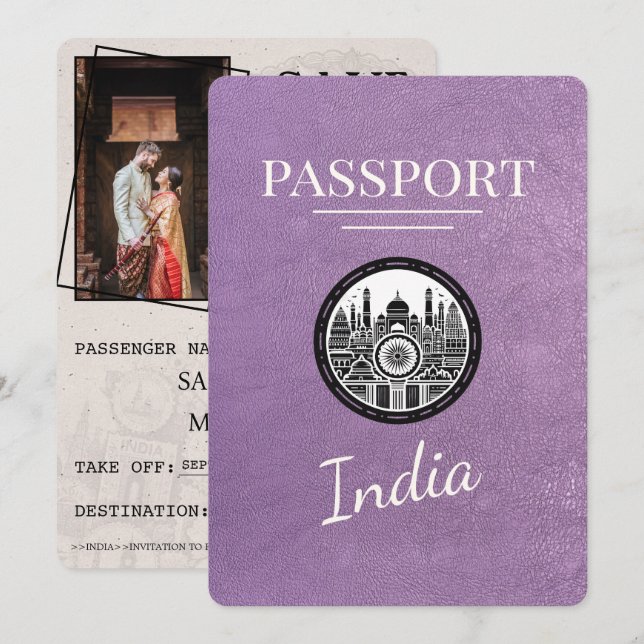 Lavendel Lila India Passport Save the Date (Vorne/Hinten)