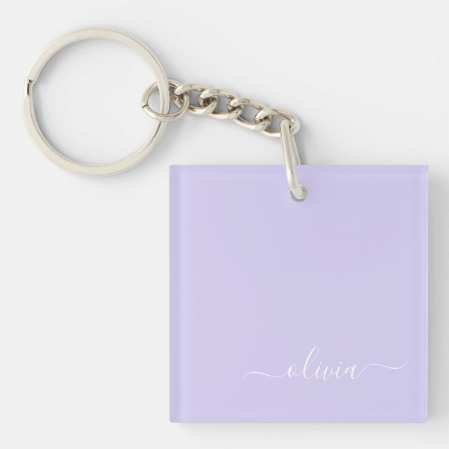 Lavendel Lila Modern Script Girly Monogram Name Schlüsselanhänger (Vorderseite)