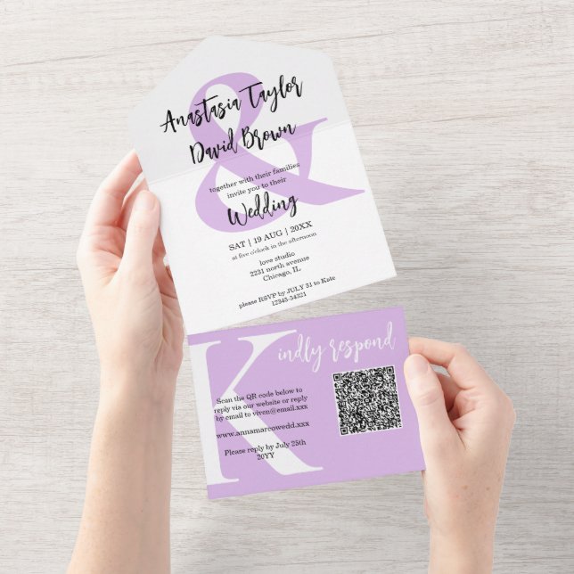 Lavendel-Lila QR-Code All In One Einladung (Abreißtisch)