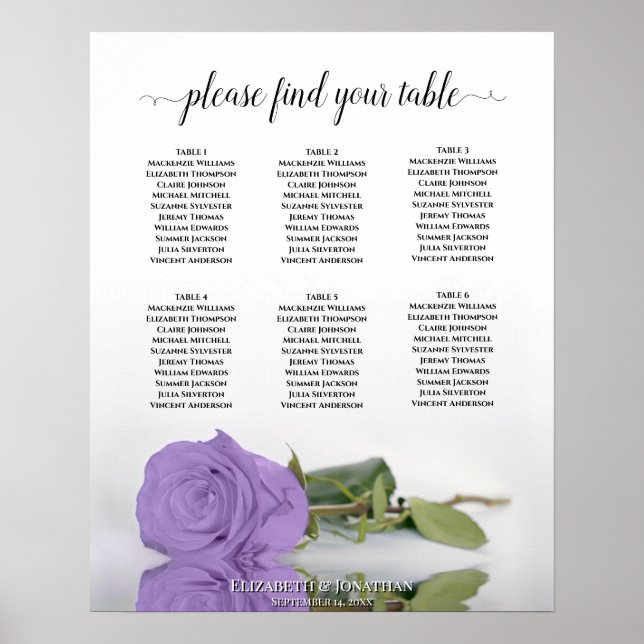 Lavendel Lila Rose 6 Tabelle Hochzeitskarte Poster (Vorne)