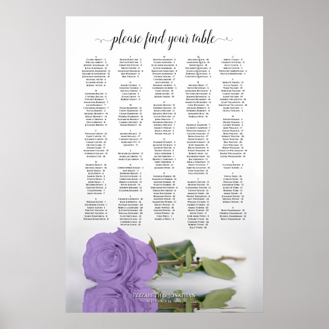 Lavendel Lila Rose Alphabetische Sitzkarte Poster (Vorne)