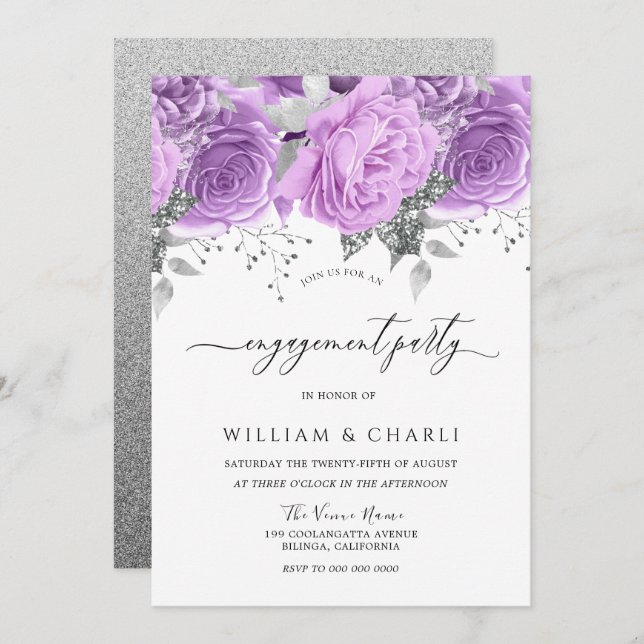 Lavendel Lila Silver Floral Engagement Party Einladung (Vorne/Hinten)