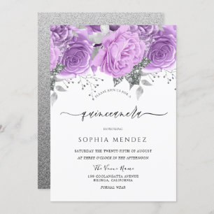 Lavendel Lila Silver Floral Sparkle Quinceanera Einladung