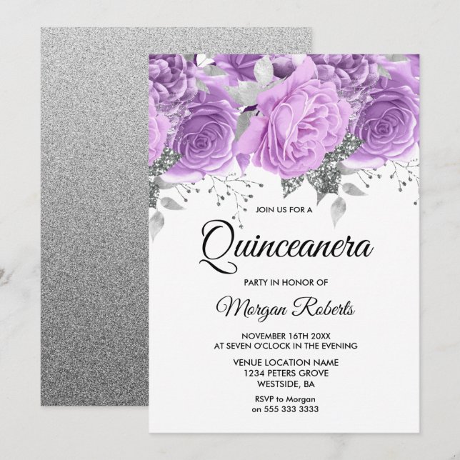 Lavendel Lila Silver Floral Sparkle Quinceanera Einladung (Vorne/Hinten)