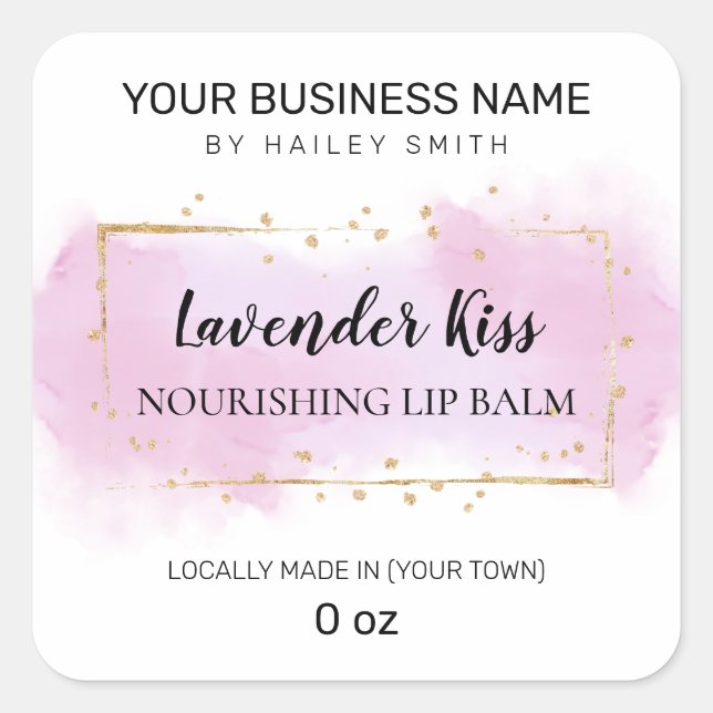 Lavendel Lila und Gold Lip Balm Quadratischer Aufkleber (Vorderseite)