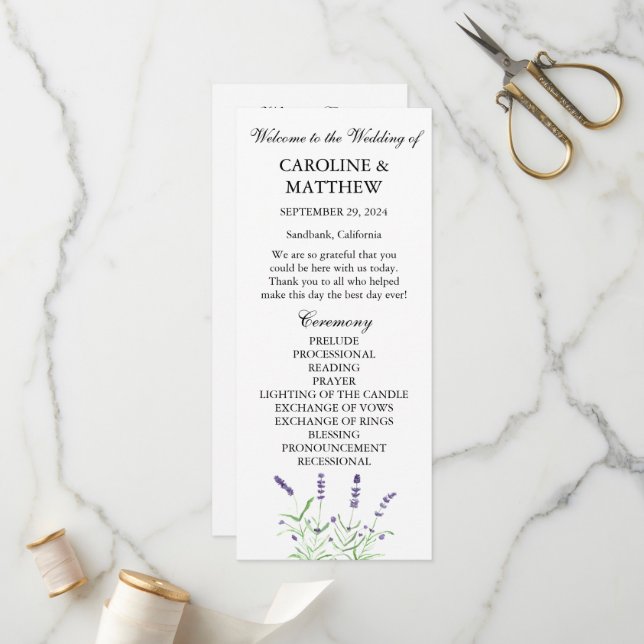 Lavendel Lila Wasserfarbe Rustikale Hochzeit Programm (Vorderseite/Rückseite Beispiel)