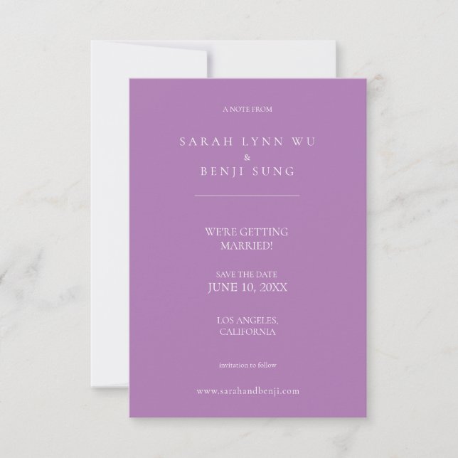 Lavendel Lila & weiß Minimalistisch modern Save The Date (Vorderseite)