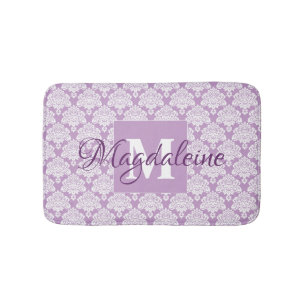 Lavendel Lila weiße Spitzen Damask Name & Monogram Badematte