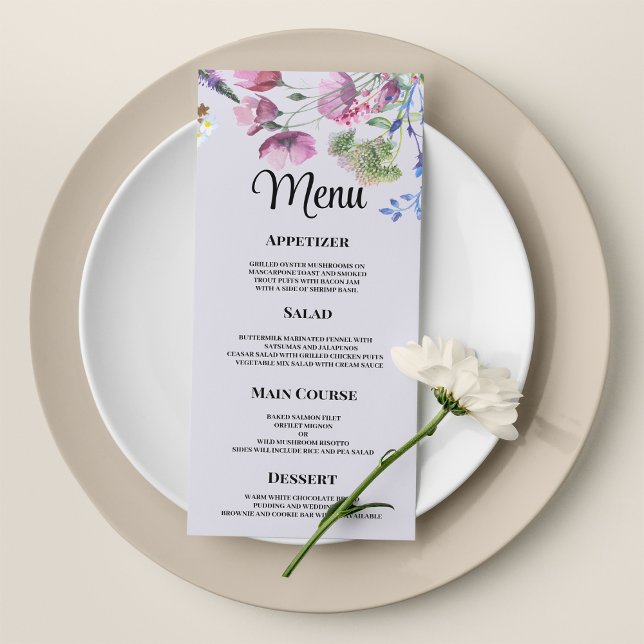 Lavendel lila Wildblume Frühjahrsmenü Programm (Lavender purple wildflower spring Wedding Menu)