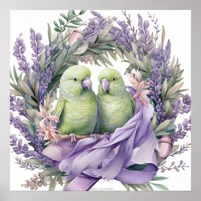 Lavendel Lovebirds Kunst Poster (Vorne)