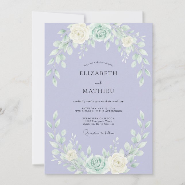 Lavendel Luftige Rosenhochzeit Einladung (Vorderseite)